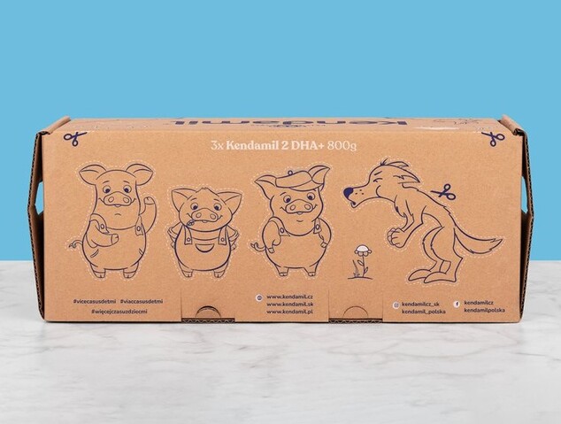 Kendamil Premium 2 HMO+ (3× 800 g), märchenhafte Verpackung mit dem Theaterstück Die drei kleinen Sc