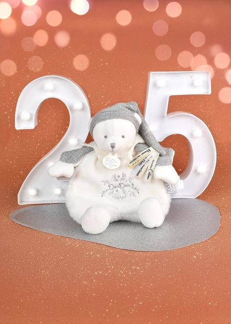 Doudou Darčeková sada Plyšový muchláčik medvedík s čiapočkou sivý 25 cm