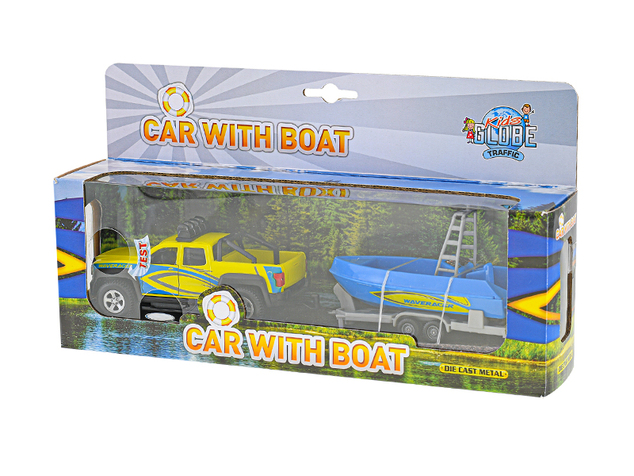 Kids Globe Traffic ťahač s loďou kov 27cm spätný chod na batérie so svetlom a zvukom