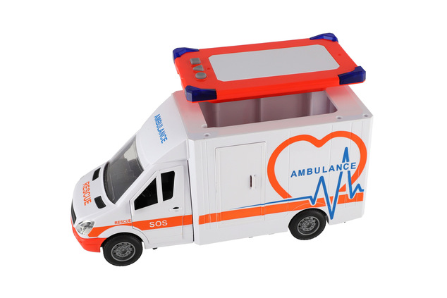 Auto ambulancia plast 28cm s lehátkom na zotrvačník so svetlom so zvukom