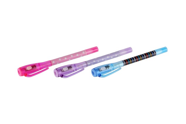 Tajné pero s neviditeľným atramentom a ÚV svetlom + pera plast 15cm na batérie 4 farby