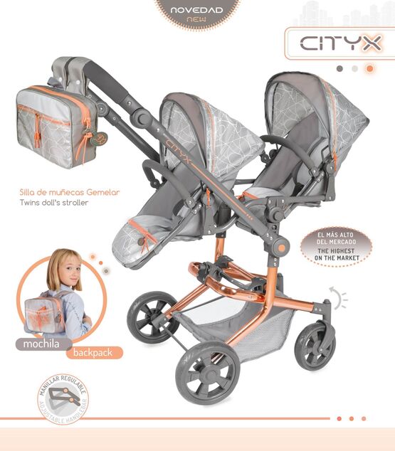 DeCuevas 90877 Carucior pliabil pentru papusi gemene cu rucsac CITY X - 91 cm