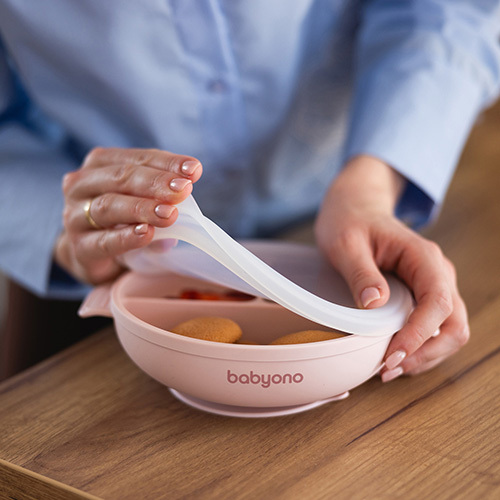 BABYONO Silikonteller mit Saugnapf und Deckel rosa 6m+