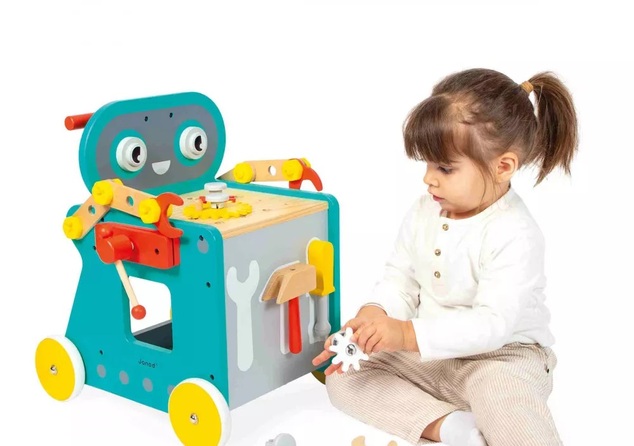 Janod BricoKids Drevené chodítko a vozík s náradím Robot 38 ks