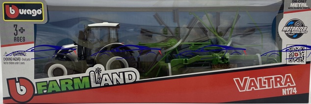 Bburago Farm 10cm Traktor mit Deluxe-Anhänger - Valtra N174 - Wirbelrechen