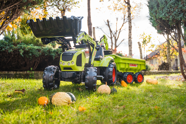 Falk Šliapací traktor 1010W Claas Axos s nakladačom, rýpadlom a vlečkou