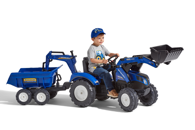 Falk Šliapací traktor 3090W New Holland T8 s nakladačom, rypadlom a maxi vlečkou