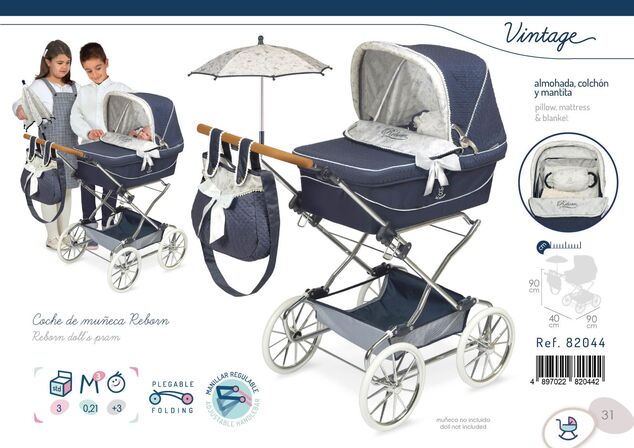 DeCuevas 82044 Carucior pliabil pentru papusi REBORN cu umbrela de soare si accesorii VINTAGE 2023