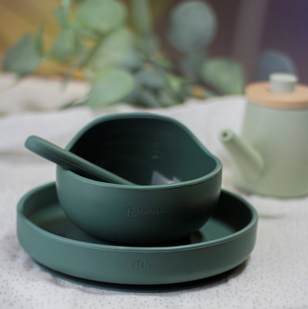 PETITE&amp;MARS Set jedálenský silikónový TAKE&amp;MATCH 3 ks Misty Green 6m+