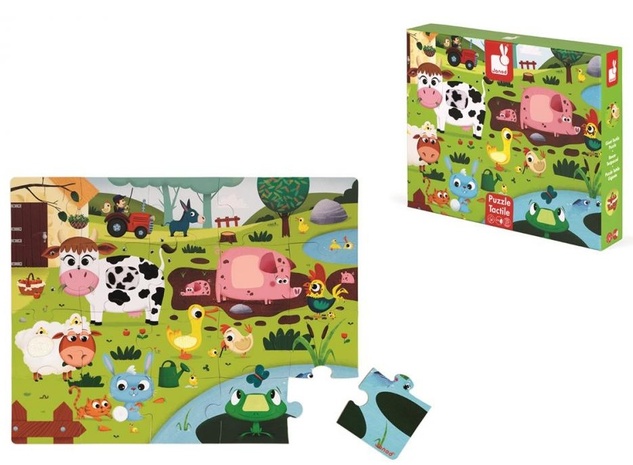 Janod Puzzle tactile Animale la fermă cu textură 20 bucăți senzoriale