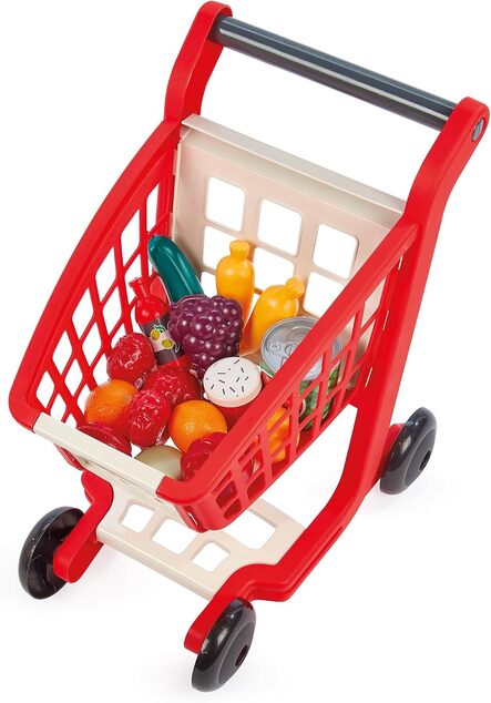 Ecoiffier Banco con alimenti + Carrello della spesa