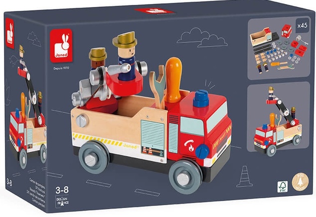 Janod Drevené auto a stavebnica Hasiči BricoKids