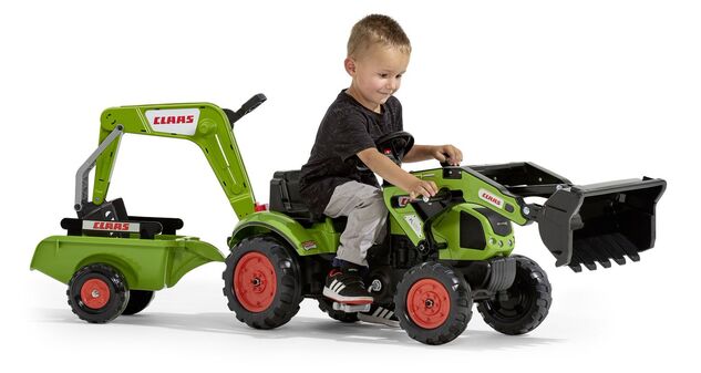 Falk Šliapací traktor 2040N Claas Arion 410 s nakladalnikom, bagerjem in prikolico