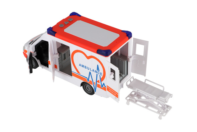 Auto ambulancia plast 28cm s lehátkom na zotrvačník so svetlom so zvukom