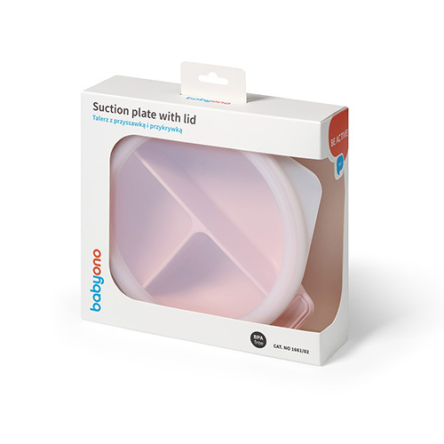 BABYONO Silikonteller mit Saugnapf und Deckel rosa 6m+