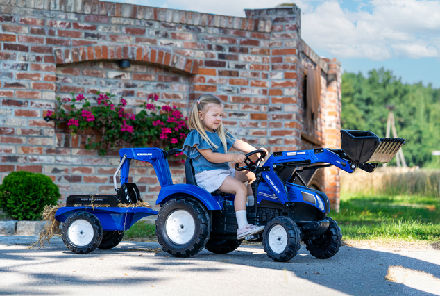 Falk Šliapací traktor 3090Y New Holland T8 elülső rakodóval és pótkocsival kék
