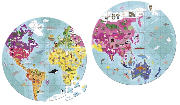 Janod Puzzle v kufríku obojstranné Zemeguľa Mapa sveta 208 ks