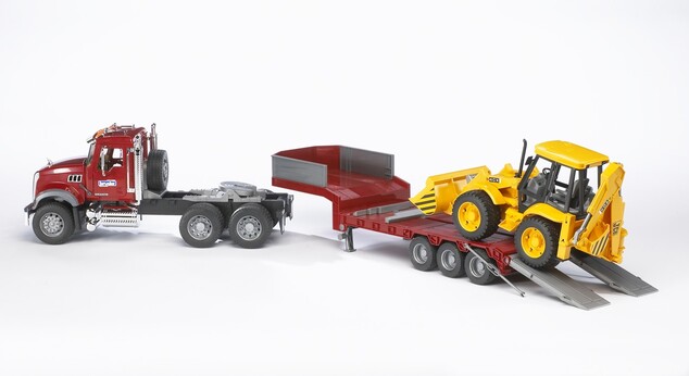 Bruder Mack Granit cu platformă joasă și cu buldoexcavator JCB BR 2813
