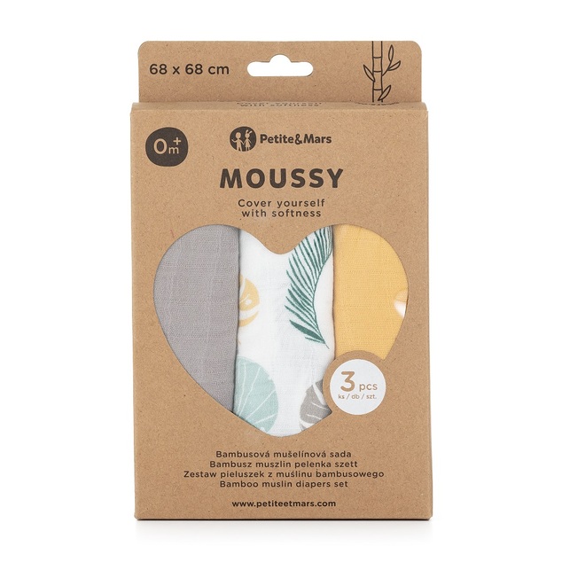 PETITE&amp;MARS Sada plienok bambusová mušelínová 3ks Moussy Ochre Leaves, 68 x 68 cm