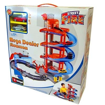 Bburago PLAY 1:43 Street Fire Mega Dealer Showroom garáž s dvoma autíčkami