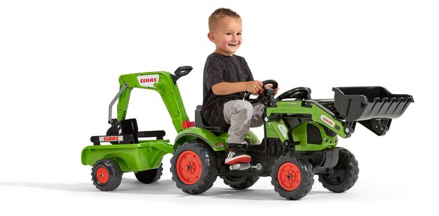 Falk Šliapací traktor 2040N Claas Arion 410 s nakladalnikom, bagerjem in prikolico