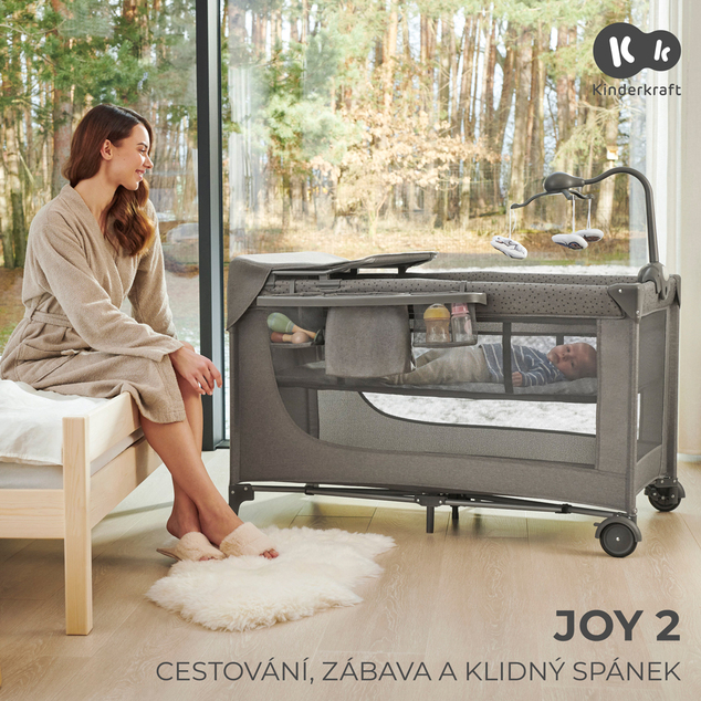 KINDERKRAFT Postieľka cestovná Joy 2 s doplňky Dark grey