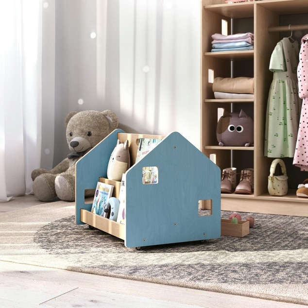 BusyKids Bibliothèque double face sur roulettes bleue