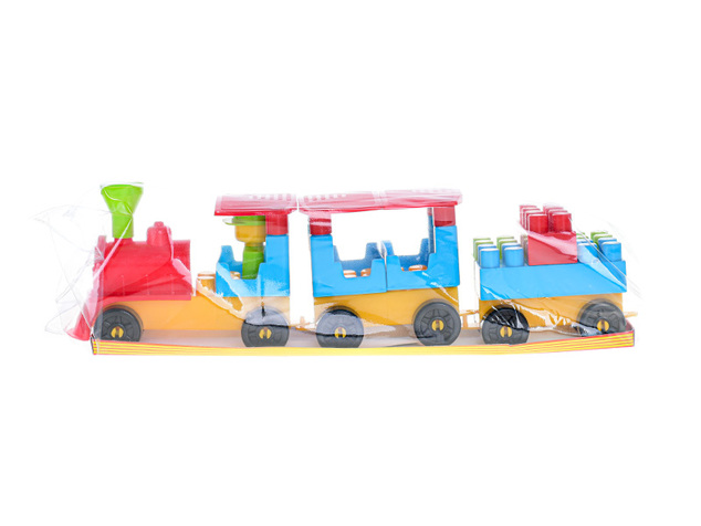 Bausatzeisenbahn mit zwei Waggons mit Aufklebern