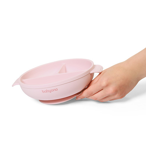 BABYONO Silikonteller mit Saugnapf und Deckel rosa 6m+