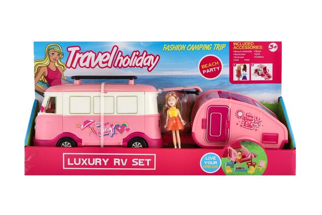 Caravan con rimorchio e bambola retrò con accessori
