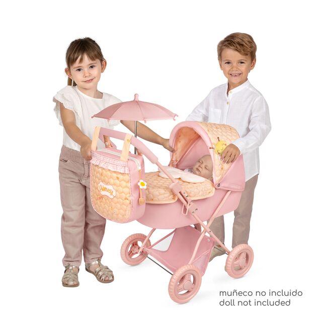 DeCuevas 85070 Passeggino pieghevole per bambole con ombrellone e borsa Honey 2026 – 60 cm