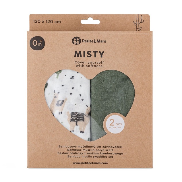 PETITE&amp;MARS Bambusdecke Musselin 2er-Pack Misty Llama Vibes 120 x 120 cm