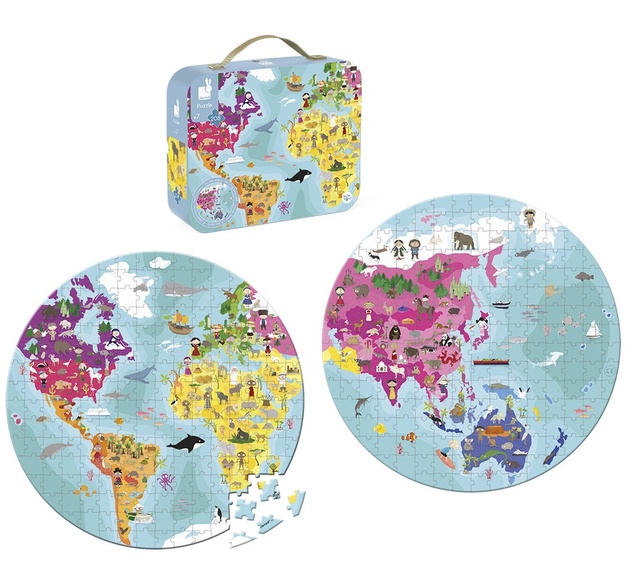 Janod Puzzle v kufríku obojstranné Zemeguľa Mapa sveta 208 ks