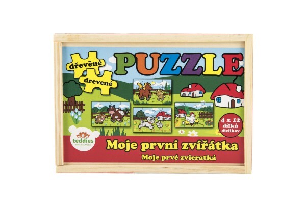 Puzzle drevené Moje prvé zvieratká 4x12 dielikov 20x14x3, 5cm v drevenej krabičke