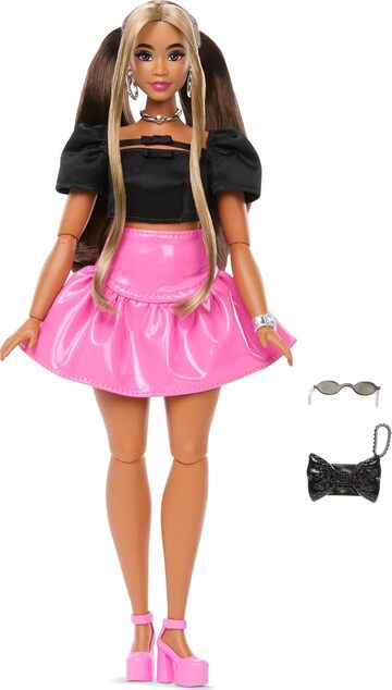 Mattel Barbie DELUXE STYLE Modell rózsaszín vinil szoknyával és fekete felsővel