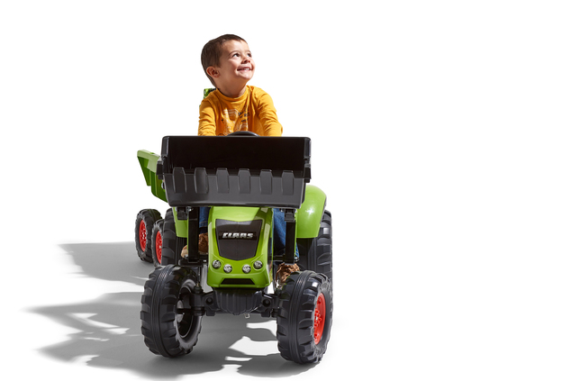 Falk Šliapací traktor 1010W Claas Axos s nakladačom, rýpadlom a vlečkou