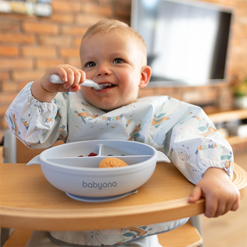 BABYONO Silikonteller mit Saugnapf und Deckel blau 6m+