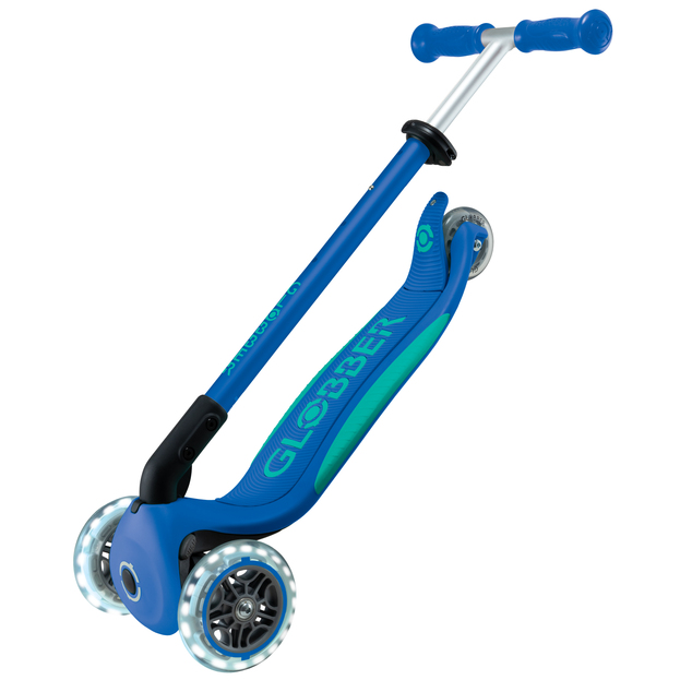 Globber Kinder-Klapproller – Primo Folding Plus Lights V2 Marineblau/Smaragdgrün