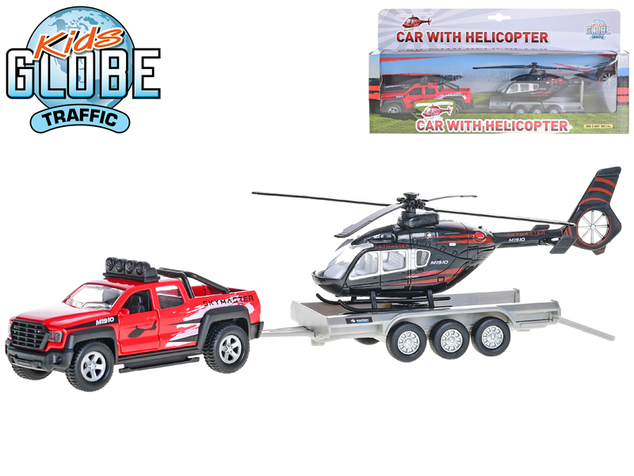 Kids Globe Traffic auto terénne 13cm kov na spätný chod s prívesom + helikoptéra 20cm