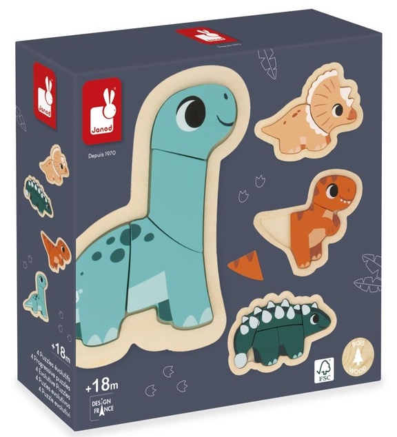 Janod Drevené vkladacie puzzle Dinosaury 4v1 Dino