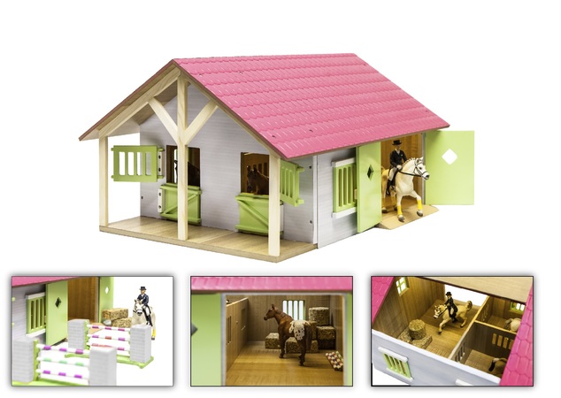 Kids Globe Horses écurie pour chevaux en bois 51x40,5x27,5cm rose 1:24 en boîte