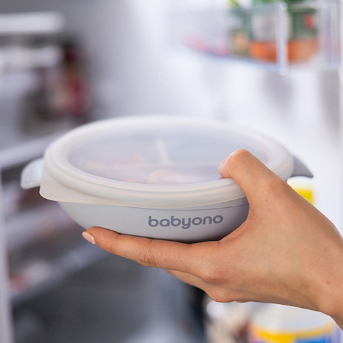 BABYONO Silikonteller mit Saugnapf und Deckel blau 6m+