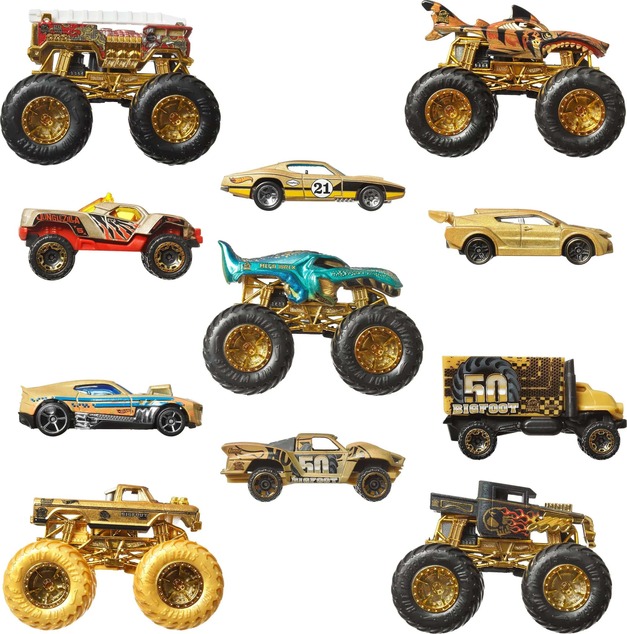 Mattel Hot Wheels Monster Trucks Bigfoot 50. výročie Set angličákov &amp; truckov