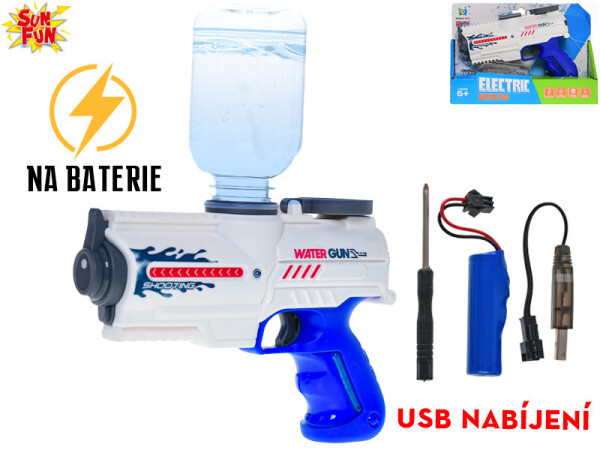 Sun Fun vodna pištola 18 cm na baterije + USB s posodo za vodo/zalivalko