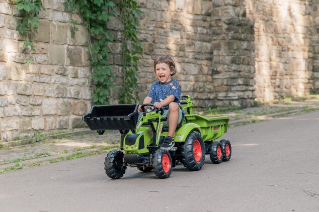 Falk šliapací traktor 2070W Claas backhoe s prednou a zadnou lyžicou a prívesom