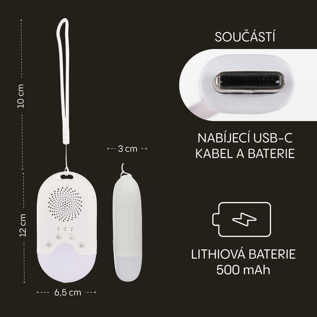 Prenosný pripínací modul so svetlom LED, bielym šumom a zvukmi, White