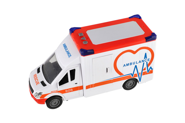 Auto ambulancia plast 28cm s lehátkom na zotrvačník so svetlom so zvukom