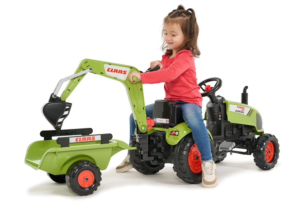 Falk Tractor de pedales Claas Arion 410 con excavadora y remolque