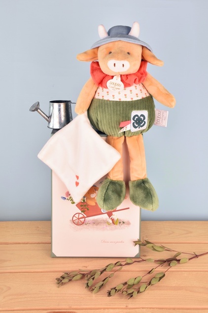 Doudou Darčeková sada Plyšová kravička Aneth s dečkou zelená 28 cm