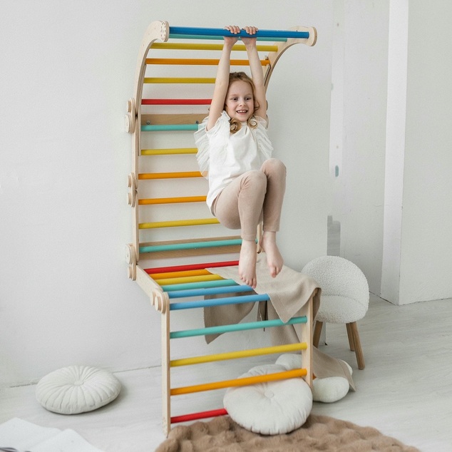 BusyKids Dřevěné domácí ribstole s hrazdou duhové